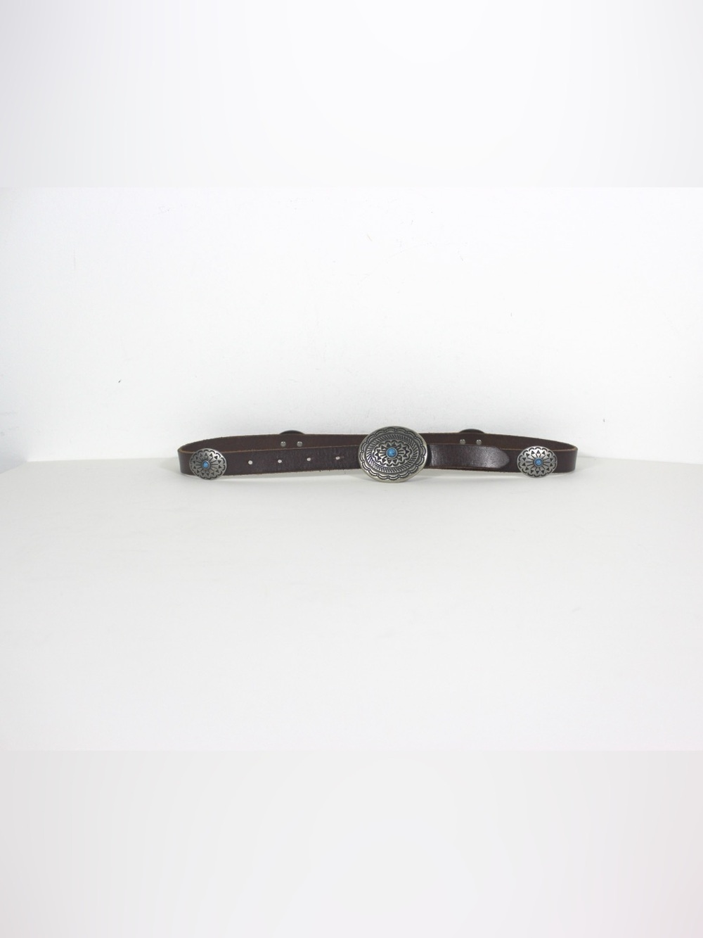 Narrow Brown Leather Silver Concho Belt with Faux Turquoise Southwest Western